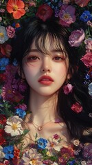 Woman in Floral Background Surrounded by Colorful Flowers with Soft Natural Makeup and Long Dark Hair