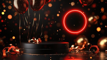 Festive Decorations with Red Balloons and Glittering Confetti on Dark Background for Celebration Events