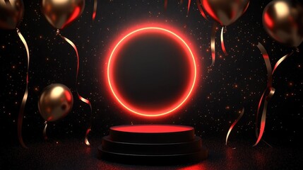 Futuristic Stage with Circular Neon Light Surrounded by Golden Balloons and Shiny Ribbons in Celebratory Atmosphere