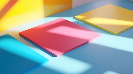 Vibrant Geometric Shapes in Bright Indoor Environment with Colorful Background and Shadows Play