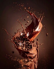 Liquid chocolate exploding with coffee beans, suspended in mid-air against a brown backdrop