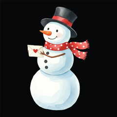 Cute snowman writing poetry vector watercolor illustration, isolated winter cartoon
