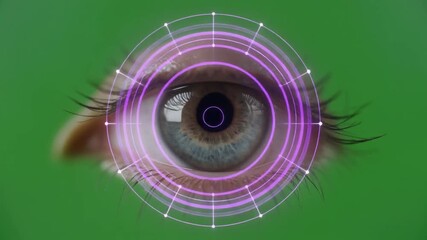 Close-up of a human eye with a digital targeting reticle overlaid, suggesting biometric scanning or surveillance. - Powered by Adobe