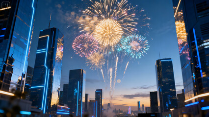 Colorful Fireworks Over Futuristic Cityscape at Twilight