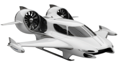 Sleek white futuristic flying amphibious vehicle concept design isolated on transparent background