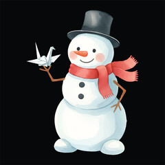 Cute snowman making origami vector watercolor illustration, isolated winter cartoon character
