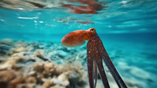 Vibrant orange octopus with dotted mantle, purple-tinged tentacles gliding above turquoise reef now