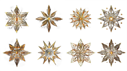 Collection of ornate snowflake icons decorative winter elements with gold accents isolated on white background.