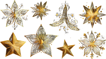 Collection of ornate golden starbursts and snowflakes festive holiday decorations isolated on white background.