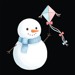 Cute snowman flying kite vector watercolor illustration, isolated winter cartoon character
