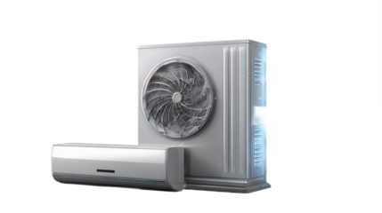 Modern air conditioning unit and indoor fan coil split system for home climate control isolated on white background.