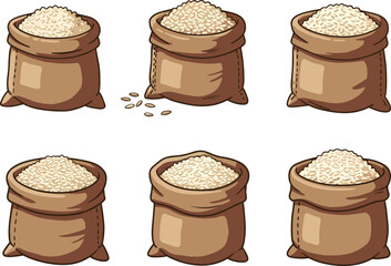 Cartoon rice sacks, brown fabric bags, white grain rice, food storage, agriculture supply, farming icon, rice illustration, children’s learning, harvest symbol, grain container