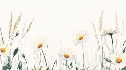 Serene White Daisy Flowers in Gentle Breeze with Soft Green Grass and Subtle Background for Tranquil Nature Scenes