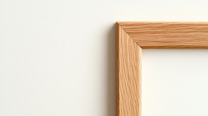 Close-up View of a Wooden Picture Frame Corner Against a Plain Light Wall in Minimalistic Interior Design Style