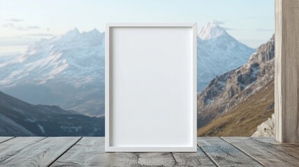 Empty Frame Against Scenic Mountain Landscape with Wooden Surface and Clear Blue Sky in Background
