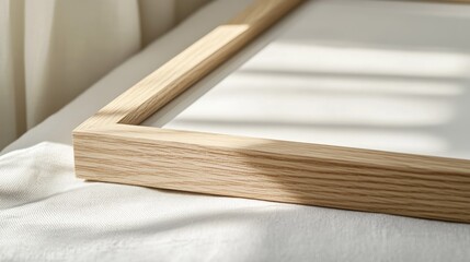 Wooden Frame with Minimalist Design on White Canvas Surrounded by Soft Drapery and Natural Light Shadows