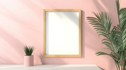 Elegant Minimalist Interior Design with Empty Wooden Frame and Green Plant on Soft Pink Wall