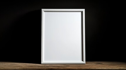 Blank White Frame on Wooden Table with Dark Background for Art Displays or Photographic Presentations