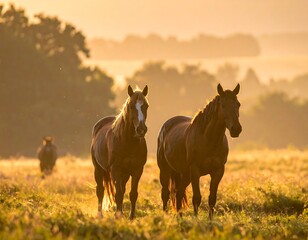 Two brown horses stand in a field with golden sunlight