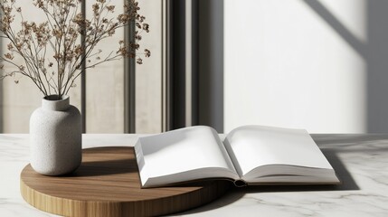 Open blank book on wooden plate with vase of dried flowers in sunlight by window on marble table
