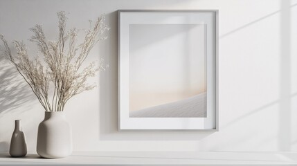 Minimalist interior design with framed artwork, vases, and soft natural lighting in a serene environment