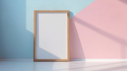 Minimalist Photo Frame on Stylish Blue and Pink Wall with Shadows and Sunlight Highlighting Interior Design