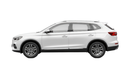 Contemporary white suv side view, elegant new vehicle design studio isolated on transparent background