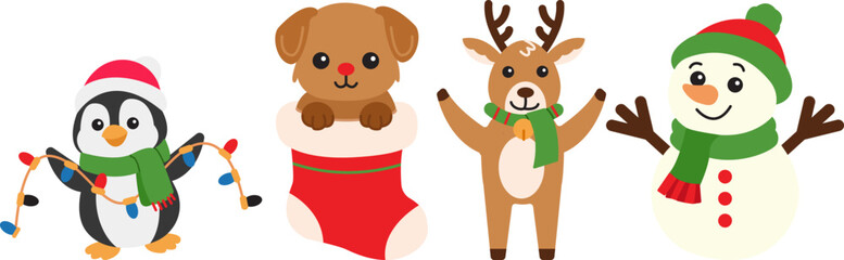 A cute Christmas character set featuring penguin with lights, teddy bear in stocking, reindeer, and snowman for festive winter holiday illustration design.