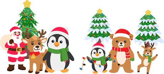 Fototapeta premium A cute Christmas character set featuring Santa Claus, reindeer, penguins with lights, bear, and decorated Christmas trees for festive winter holiday illustration design.