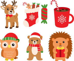 A cute Christmas character and object set featuring reindeer, stocking, candy, hot cocoa mug, owl, bear, and hedgehog with gift for festive winter holiday illustration design.