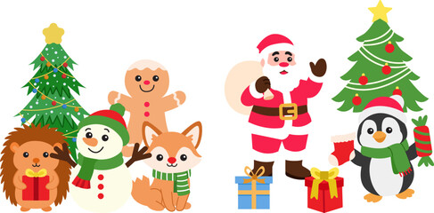 Fototapeta premium A cute Christmas character set featuring hedgehog, snowman, fox, gingerbread man, Santa Claus, penguin with gifts, and decorated Christmas tree for festive winter holiday illustration design.