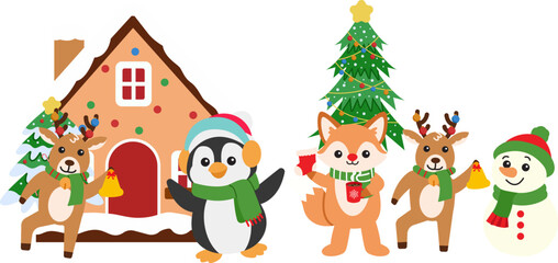 A cute Christmas character set featuring gingerbread house, penguin, fox, reindeer, snowman, and decorated Christmas tree for festive winter holiday illustration design.