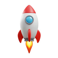 Retro style cartoon rocket ship launching with fiery exhaust blasting off into space exploration adventure transparent background