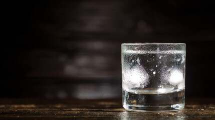 sambuca. A crystal glass of clear sambuca with condensation droplets on a dark wooden background. bar promotions, beverage menus, designed for product packaging and bar promotions.
