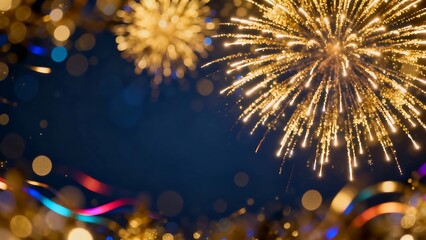 A beautiful New Year festival display of colorful fireworks over the city sky with red light reflections on the river water during a night holiday celebration