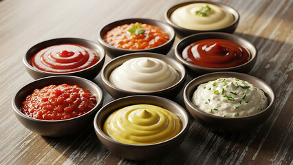 “Assorted Sauce Collection in Bowls – Creamy, Spicy, and Flavorful Dips Food Photography”