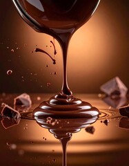 Liquid dark chocolate being poured, creating swirls and capturing a moment of deliciousness