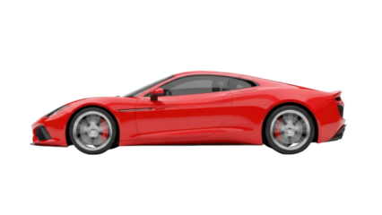 Red sports car in dynamic motion, side view, sleek design, luxury vehicle isolated on transparent background