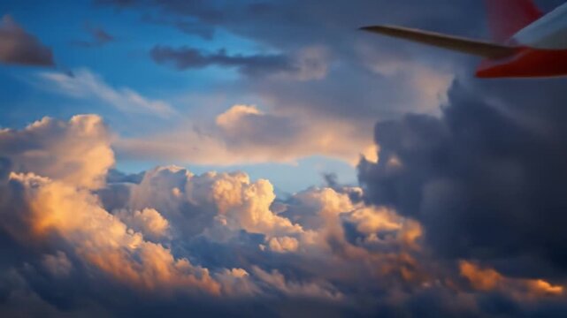 A passenger jet climbs through dramatic clouds at sunset, engines glowing,! wings poised for ascent