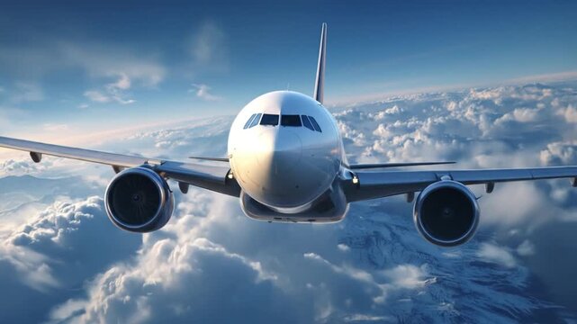 Front-facing commercial jet glides above fluffy clouds, engines rumble softly, vast sky above earth