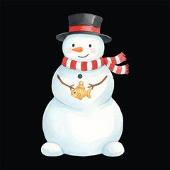 Cute snowman holding a small fishing rod, watercolor vector winter illustration, isolated on transparent background

