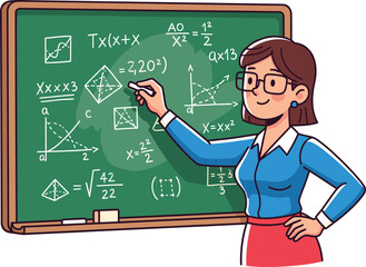 Female math teacher writing on chalkboard, classroom education with algebra equations, geometry shapes, graphs, mathematics learning, school teaching illustration vector.