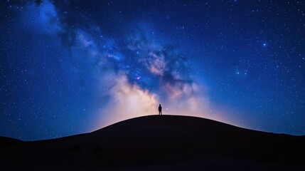 Silhouette of person on a hill under a starry night sky