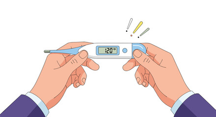 A first-person view of hands holding a digital clinical thermometer, showing a high temperature reading indicating a fever.