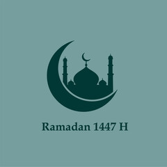 Minimalist design commemorating Ramadan 1447 H with a teal mosque silhouette and crescent moon on a muted background.