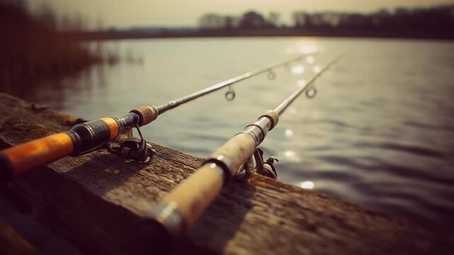 Sunlit riverbank three fishing rods rest on a weathered dock, shimmering water in the distance now
