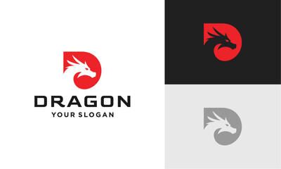 Modern logo design featuring a stylized dragon head integrated into the letter D, presented in red, black, and grey color variations for branding.