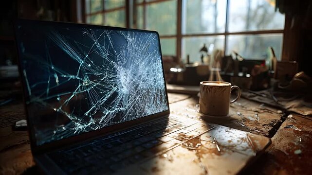 Broken laptop with shattered screen and spilled coffee on keyboard indicating liquid damage and accident
