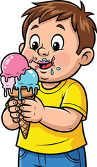 Happy cartoon boy in yellow shirt eating colorful ice cream cone with melting scoops, enjoying sweet summer dessert treat happily.