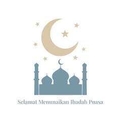 Simple illustration for "Selamat Menunaikan Ibadah Puasa" (Happy Fasting) with a mosque silhouette and crescent moon.